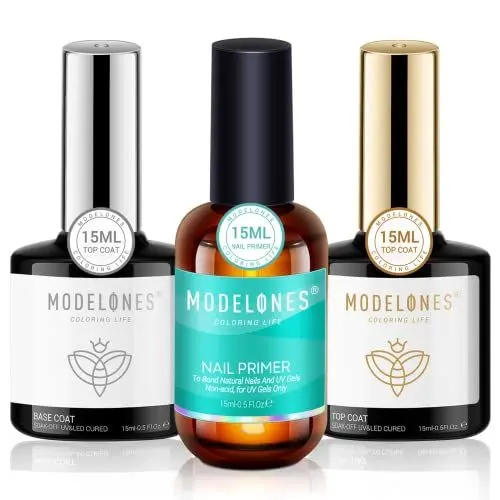 Produktbild: Modelones Top und Base Coat Nail Primer Set, 15ml 3pcs UV LED Gel Nagellack No Wipe Unterlack und Überlack Nägel Gellack Nageldesign Maniküre Set