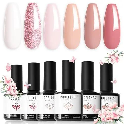 Produktbild: Modelones UV Nagellack,Gel Nagellack UV 6 Farben,Nude Weiß Rosa Glitzer für Frühling Sommer Soak Off Nail Polish French Manicure DIY zu Hause Geschenke, 7 ml