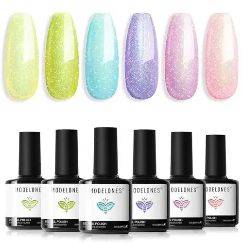 Produktbild: Modelones UV Nagellack 6 Farben Gel Nagellack UV Nageldesign Sets Soak Off Gel Polish für Maniküre Nageldesign, Glitzer Grün Violett Hellrosa Blau