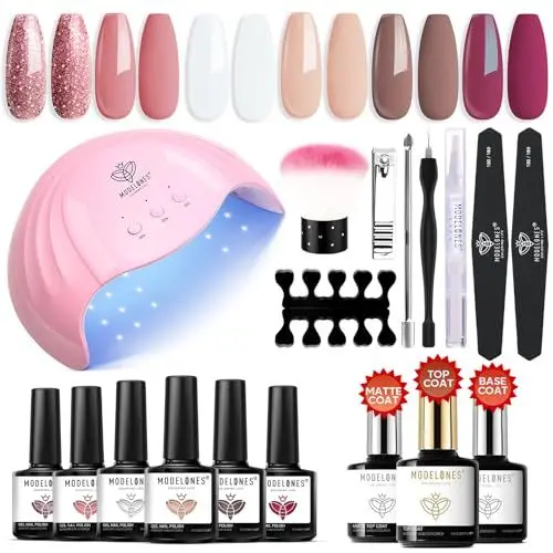 Produktbild: Modelones Starterset mit Lampe 48W, 6 Farben Gelnägel Starterset Gel Nagellack UV Set Nude Rosa Weiß UV Nagellack Set mit UV Lampe Base Top Coat Matte Glänzend Nägel Starterset, 7ML