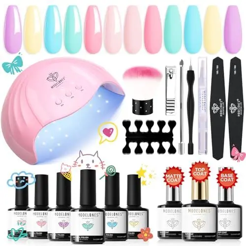 Produktbild: Modelones UV Nagellack Set mit UV Lampe 48W, 6 Pastell Farben Gelnägel Starterset Macaron Shellac Nagellack Starterset Base Top Coat Matte Glänzend Nägel Starterset