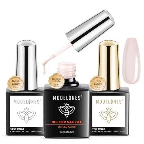 Produktbild: Modelones 8 in 1 Aufbaugel für Gelnägel - Nude Rosa Base und Top Coat Set, UV Gel Nagelverstärker für Strengthener Extension, Nail Repair - 3 x 15 ML