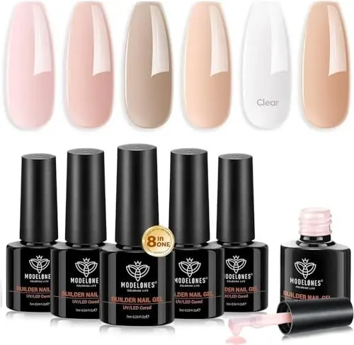 Produktbild: modelones Aufbaugel für Gelnägel, 6 Farben Builder Gel 8 in One Clear Rosa Nude Braun für Strengthener Extension Gel Rubber Base Nagelverlängerung, Nail Repair Nail Art Maniküre DIY