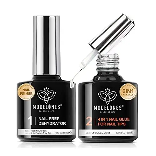 Produktbild: modelones Nagelkleber 6 in 1 und Primer für Gelnägel Set für Kunstnägel,Extra Stark Gel Glue, Für Transparent Fake Nail Tips, Tip Kleber Aushärten UV LED 10ML