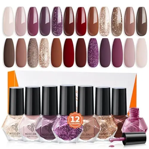 Produktbild: modelones Nagellack 12 PCS, Nagellack Schnelltrocknend Braun Nude Glitzer Rot Rosa, Nagellack Ungiftig Auf Wasserbasis, Langanhaltender Nagellack für DIY Salon Geschenk für Frauen Mädchen