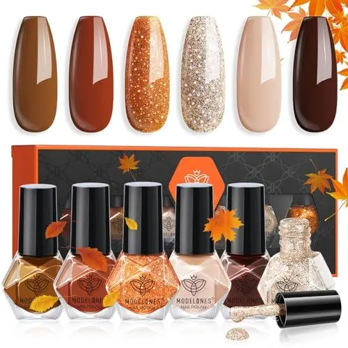 Produktbild: Modelones 6 PCS Nagellack - Schnelltrocknend Braun Nude Orange Glitzer, Ungiftig Auf Wasserbasis, Langanhaltend für DIY Salon - Geschenk für Frauen Mädchen