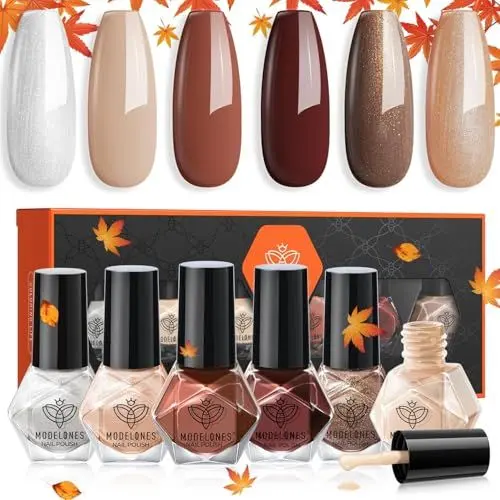Produktbild: modelones Nagellack 6 PCS, Nagellack Schnelltrocknend Herbst Braun Orange Schokoliert Glitzer, Nagellack Ungiftig Auf Wasserbasis, Langanhaltender Nagellack für DIY Salon Geschenk für Frauen Mädchen