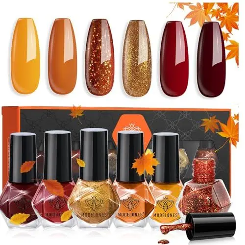 Produktbild: Modelones 6 PCS Nagellack - Schnelltrocknend, Herbst Orange Glitter Rot, Ungiftig Auf Wasserbasis, Gel, Langanhaltend für DIY Salon - Geschenk für Frauen Mädchen