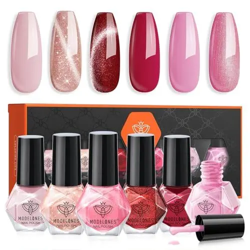 Produktbild: Modelones 6 PCS Schnelltrocknender Nagellack - Pink Rot Cat Eye Glitzer, Ungiftig Auf Wasserbasis, Langanhaltend für DIY Salon - Geschenk für Frauen Mädchen