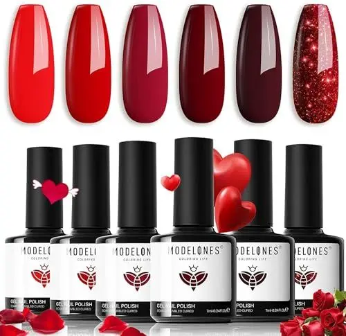Produktbild: modelones UV Nagellack, Rot Glitzer 6 Farben Gel Nagellack Set, Soak Off Natur Gel Nail Polish Nageldesigns, UV-LED Lack, Gellack für Anfänger Nail Art Maniküre Salon