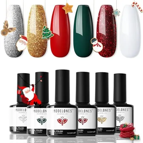Produktbild: modelones UV Nagellack, Rot Glitzer Grün Weiß Shellac Gel Nagellack Set Winter 6 Farben Soak Off Gel Polish Nageldesigns,UV-LED Nagellack UV Gel Lack,Gellack Nagellack Nail Art Maniküre Salon