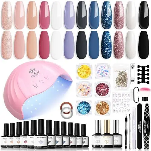 Produktbild: modelones UV Nagellack Set 12 Farben Glitzer Rosa Weiß schwarz,Uv Lampe für Gelnägel 48W-Gel Nagellack -Base Top Coat Gelnägel Set Maniküre Set Nagelstudio Set