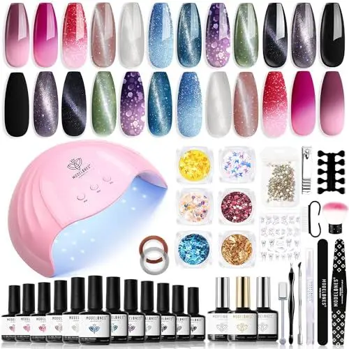 Produktbild: modelones UV Nagellack Set mit UV Lampe 48W,12 Farben Rosa Schwarz Grün Gellack Set-Gel Nagellack -Gelnägel set mit Base Top Coat Gelnägel et Maniküre Nagelstudio