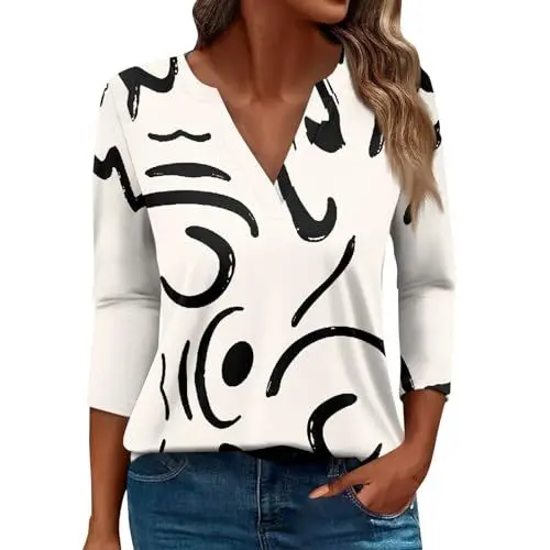 Produktbild: Moderne Hemdbluse Damen Lang Damen Shirt Elegant Longshirt Tshirt Damen Bunt T Shirts Damen Tshirt Damen Sommer Blumenoberteile 3/4 Arm Blumen Tunika Hemdbluse Damen Damen Blusen Kurzarm