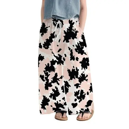Produktbild: Moderne Schlitzhose für Mädchen in Schwarz mit charmantem Blumenprint, atmungsaktivem Material und kühlendem Praktisches Design mit dehnbarem Gummibund und seitlichen (White, 10-11 Years)