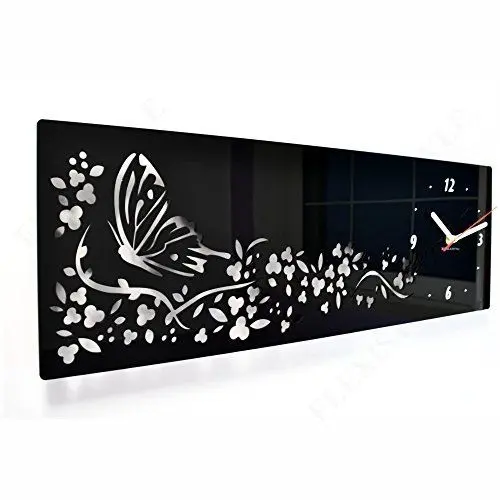 Produktbild: FLEXISTYLE Moderne Wanduhr Schmetterling in Blumen, rechteckig 20 x 60 cm, schwarz, Wohnzimmer, Schlafzimmer