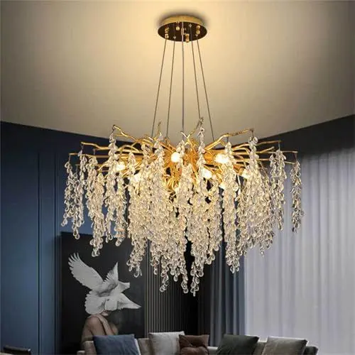 Produktbild: Moderner Kristall-Kronleuchter, Goldener Baumzweig-Kronleuchter, 31,5 Zoll Durchmesser, 12 Lichter, Goldene Runde Regentropfen-Pendelleuchte Für Kücheninsel, Wohnzimmer, Esszimmer,Eingangsbereich