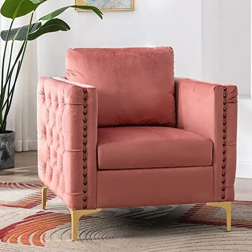 Produktbild: Moderner Samtstuhl, Chesterfield-Sessel, Relaxsessel, Ohrensessel, Einzelsessel, Lesesessel, XXL Sessel mit einem Kissen, modische Nieten und getuftete Knöpfe mit goldenen Metallbeinen (rosa)
