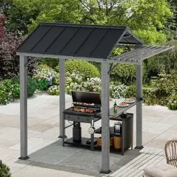 Produktbild: Moderner Shade Grill pavillon mit Dach aus verzinktem Stahl & Pergola-Erweiterung, 1,8 m x 2,4 m UV-blockierendes, wasserdichtes BBQ-Dach, rostresistenter Outdoor-Grillschutz mit Regalen, Gray