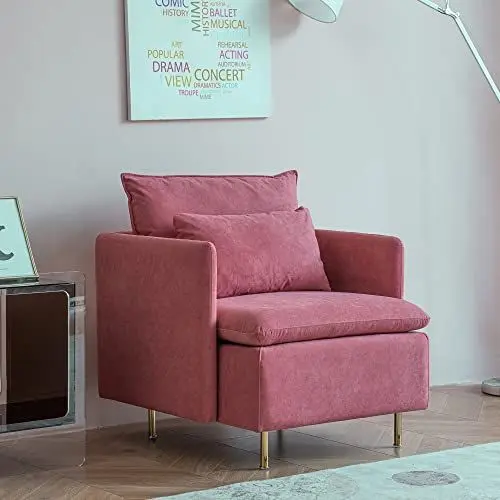 Produktbild: Modernes Einzelsofa aus der Mitte des Jahrhunderts mit Leinenakzent und goldenen Metallbeinen, bequemer Polstersessel für Wohnzimmer, Schlafzimmer, Lesen, kleiner Raum, Wohnung, Büro (Rosa)