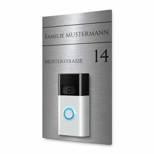 Produktbild: Modernes Klingelschild für Funkklingel Ring Doorbell 2, 3 und 4 - personalisiertes Türschild aus Edelstahl mit Gravur | kompatibel mit Ring Klingel - hochwertiges Funkklingel Zubehör