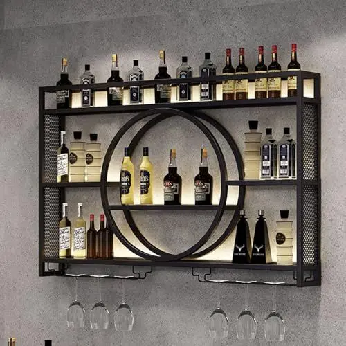 Produktbild: Modernes Wand-Weinregal Mit LED-Beleuchtung, Metall- Und Glas-Design Für Bar-Einheiten, Restaurants Und Zuhause, Vereint Elegante Präsentation Mit Hochwertiger Aufbewahrung(Black,55.1in/140cm)