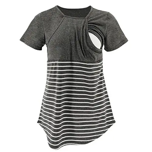 Produktbild: Mode-Rundhals-Kleidung für Schwangere und stillende Mütter, gestreifte Oberteile, Damen-T-Shirts Blusen Damen 44 (Grey, L)