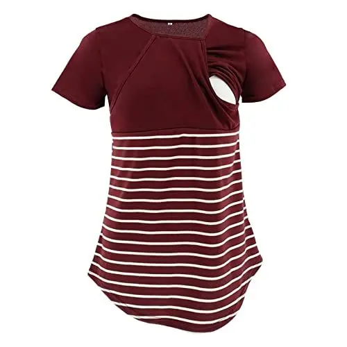Produktbild: Mode-Rundhals-Kleidung für Schwangere und stillende Mütter, gestreifte Oberteile, Damen-T-Shirts Wickelbluse Damen (Red, L)