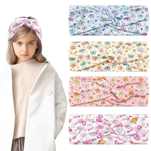 Produktbild: Mode-Stirnbänder für Mädchen, Mädchen-Kind-Haarband, elastisches Stirnband, breites Haarband mit Knoten für Schulsport-Make-up (4 Stück)