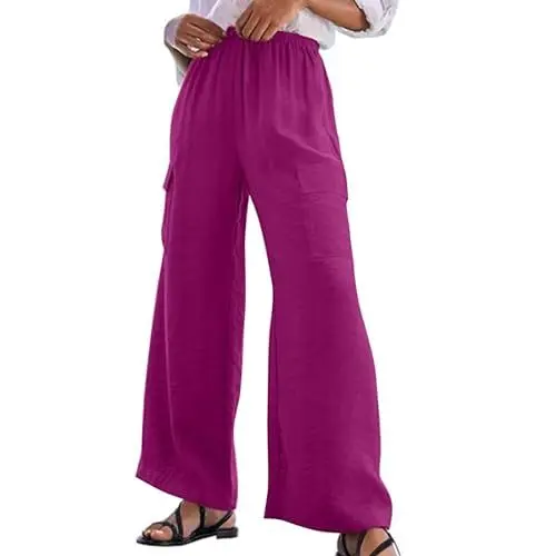 Produktbild: Modische, Bequeme und lässige, einfarbige, elastische Freizeithose mit hoher Taille für Damen Viskose-Hose Für Damen Flowy Pants (Purple, S)