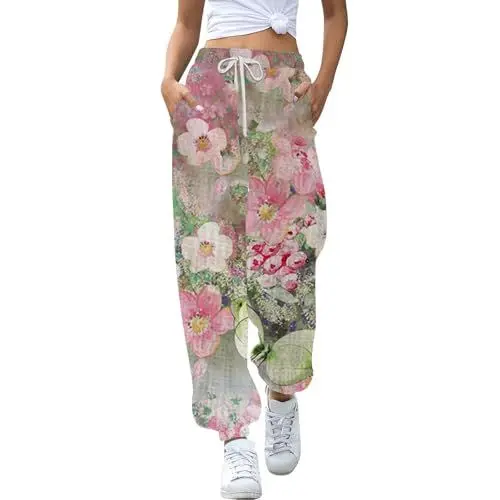 Produktbild: Modische elastische sportliche Freizeithose für Damen mit Prints Hose Damen Medizin Weites Bein (Pink, M)