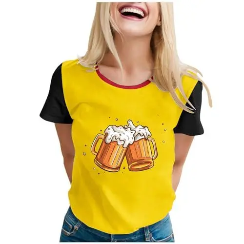 Produktbild: Modisches Damen T-Shirt mit Bierfest Motiv Kurzarm Rundhals Vielseitiges Freizeitoberteil für jedes Outfit Bequem Stilvoll Ideal für Sommerveranstaltungen (Yellow, XL)