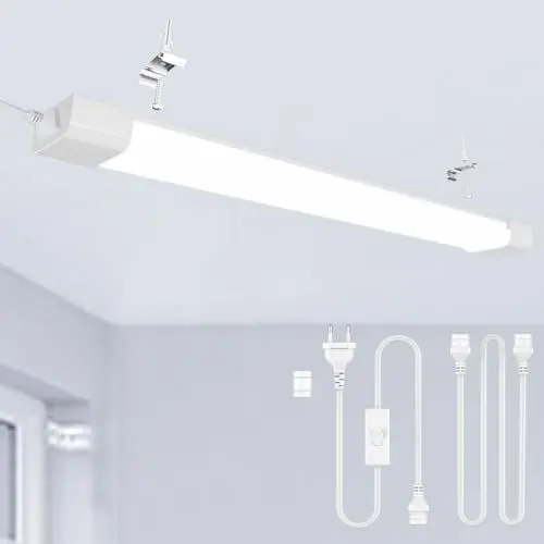 Produktbild: Modlicht LED Feuchtraumleuchte 40CM mit Stecker Plug, 16W 6000k Kaltlweiß 1800Lumen Verbindbar Deckenleuchte Feuchtraum Flach, Werkstattlampe Wasserfest IP65 Wannenleuchte für Keller Garage