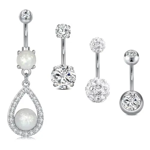 Produktbild: MODRSA 14G Bauchnabelpiercing Chirurgenstahl Damen Piercing Bauchnabel Silber Opal Piercing Bananabells Stab 10MM Anhänger Piercing Bauchnabel