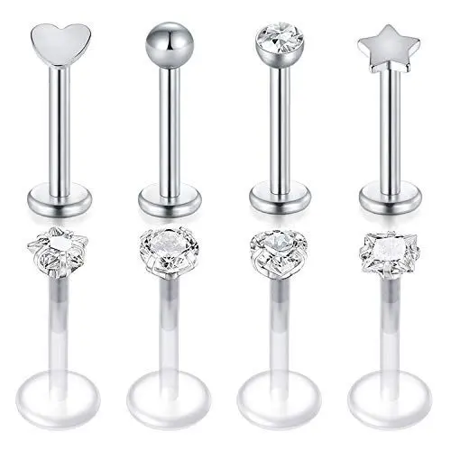 Produktbild: MODRSA 16G Tragus Piercing Chirurgenstahl & Acryl Lippenpiercing Bioflex Durchisichtig Retainer Labret Helix Cartilage Ohr Piercing CZ Inlaid 8 Stück - Silber