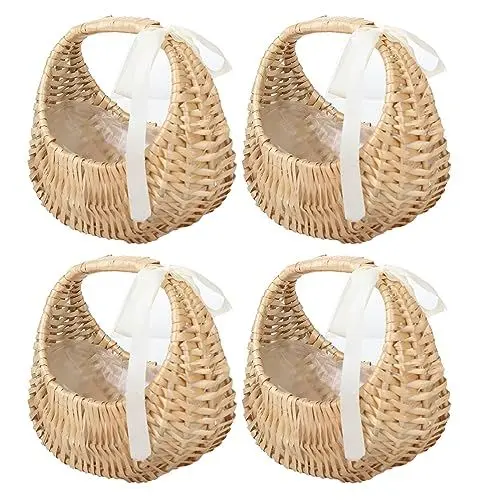 Produktbild: MODUDY 4er-Pack Blumenmädchenkörbe mit Weißem Band, Rustikaler Hochzeitskorb, Halbmondförmiger Weidenkorb, Weiden-Rattan-Korb, Handgewebter Weidenkorb für Hochzeitsbankett, Party(weißes Band)
