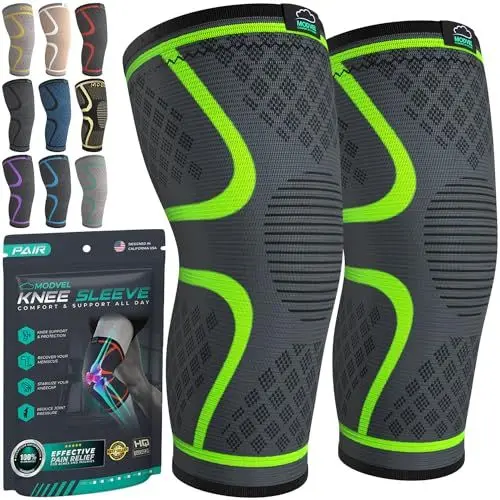 Produktbild: MODVEL Kniebandage Set für Damen und Herren – Stabiler Halt beim Sport, Training, Fitness, Wandern, Alltag – Bequeme, Hautfreundliche, Atmungsaktive Bandage aus Weichem Nylon-Latex-Gewebe