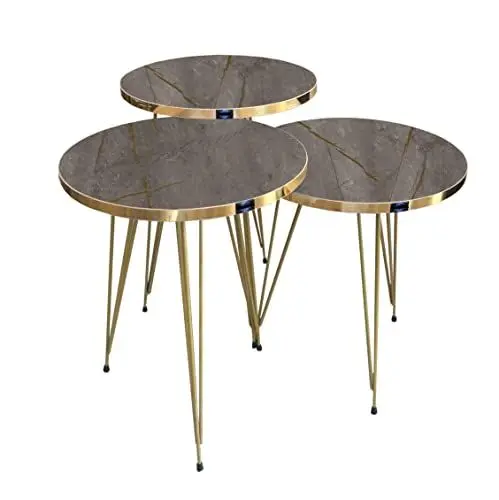 Produktbild: moebel17 EYGD09 - Beistelltisch 3er Set rund, Ø 38 cm Durchmesser, Höhe 45.5, 49.5 und 53.5 cm, Kaffeetisch Satztisch mit Metallgestell, Wohnzimmertisch Kaffee Tisch, Grau, Füße vergoldet, 5392