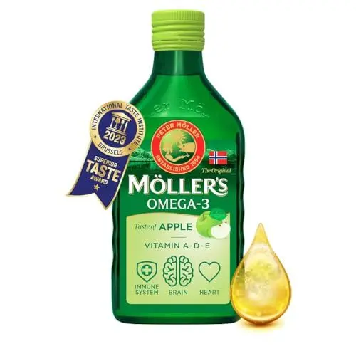 Produktbild: Möller's Omega 3 Lebertran | Nahrungsergänzung mit EPA, DHA, Vit A, D und E | Hochreiner natürlicher | 165 Jahre alte Marke | Superior Taste Award | Apfelgeschmack | 250 ML
