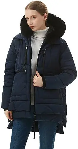 Produktbild: MOERDENG Damen Warmer Wintermantel Wasserdichte Kapuzenjacke mit Daunen-Alternativfüllung, Gefütterter Parka mit verdicktem Fleece und abnehmbarem Kunstpelzbesatz