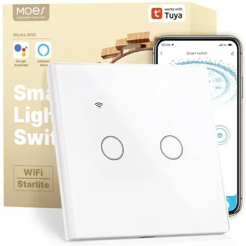 Produktbild: MOES Smart Alexa Wlan Lichtschalter ohne Neutralleiter, Wifi Touch Schalter Unterputz mit Speicher nach dem Ausschalten, Smart Life/Tuya app, Kompatibel mit Alexa und Google Home,2 Fach 1 Wege