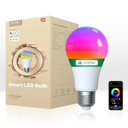 Produktbild: MOES Smart Glühbirne Matter E27, WLAN Alexa LED Lampe RGBCW, WW, mit Dimmbar, Musiksynchronisation, 16 Millionen Farben, kompatibel mit Apple HomeKit, SmartThings, Alexa, Google Home