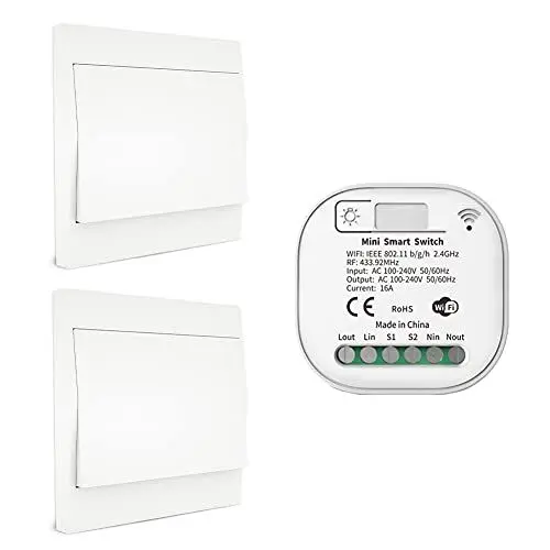 Produktbild: MOES Wireless RF433 und WLAN Lichtschalter Fernbedienung, Keine Batterie Keine Verkabelung Kein Hub erforderlich, kompatibel mit Alexa Google Home, Smart Life/Tuya APP, 2 Stück Schalter 1 Empfänger