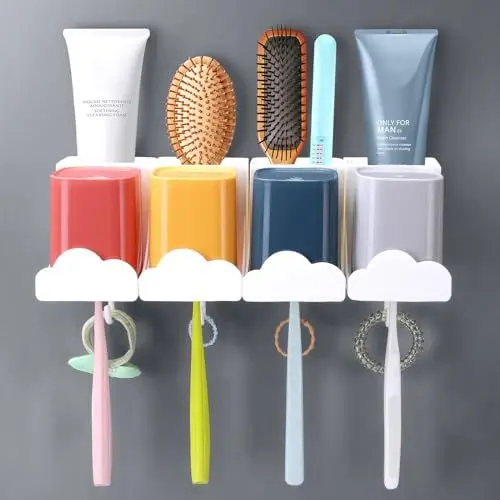 Produktbild: MOFASVIGI Wandmontierte Zahnbürstenhalter Set von bunten Mundwasser Cup Klebebürste Organiser Hängende Freie Badezimmer Speicher Rack Klebende Bürste Caddy für Badezimmer Lagerung