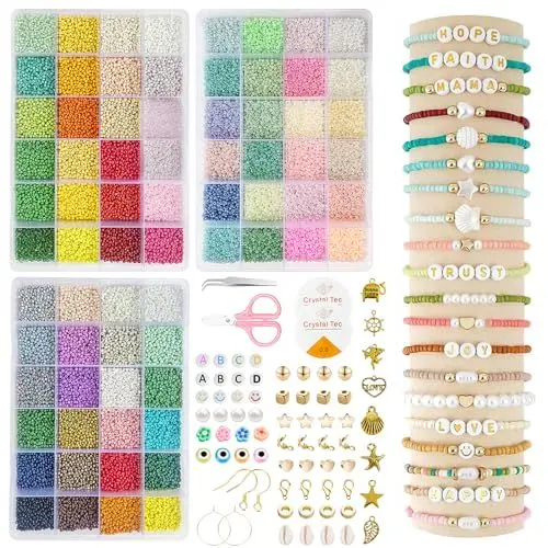 Produktbild: MOFELON 36000 Stück Perlen für Armbänder, Mini Glas Perlen Set mit 300 Buchstaben Perlen für DIY Armbänder Halsketten,Geschenkidee Perlen für Kinder Mädchen Armband Set