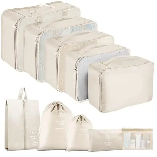 Produktbild: MOFELON Koffer Organizer Set, 10 Stück Packing Cubes, Kofferorganizer Packtaschen Set, Travel Packwürfel mit Kleidertaschen Schuhbeutel, Reise Gadgets-Beige