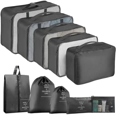 Produktbild: MOFELON Koffer Organizer Set, 10 Stück Travel Packing Cubes, Kofferorganizer Packtaschen Set Packwürfel mit Kleidertaschen Schuhbeutel, Reise Gadgets-Schwarz