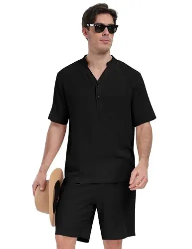 Produktbild: MoFiz Leinenanzug Herren Sommer Casual Beach Set Jogginganzug Kurzarm Trainingsanzug Zweiteiler Button-Up Revers Hemd und Shorts Schwarz XL