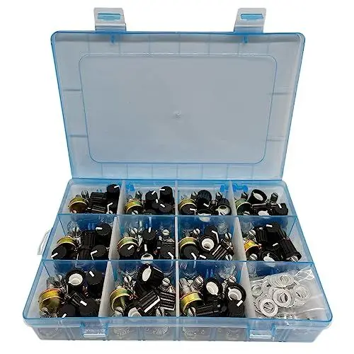Produktbild: MOGAOPI 110Stück Potentiometer Kit Drehpotentiometer Mono Linear 11 Werte 500 1K 2K 5K 10K 20K 50K 100K 250K 500K 1M Ohm 3 Pin Terminals Potentiometer mit Hutmuttern und Unterlegscheibe