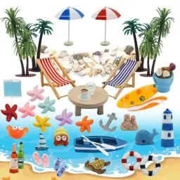 Produktbild: MoguGo 43 Stück Strand-Mikrolandschaft Kleine Palme Deko Accessoires Miniaturlandschaft Dekoration Sommerliche Garten-Deko Miniatur-Ornament-Set für DIY Miniatur Deko Garten Dekoration